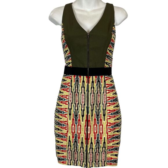 Rachel Roy Womens Olive Sheath V-Neck Front Zip Cotton Aztec Print Dress sz 2 - Picture 1 of 16
